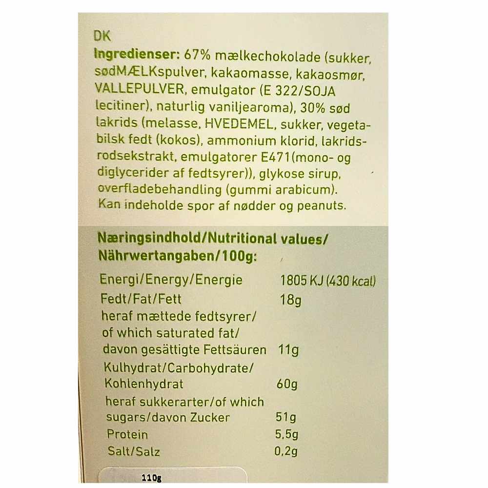 Ingrediensliste og næringsindhold for Reykjavik lakrids med mælkechokolade fra Lakridseriet.