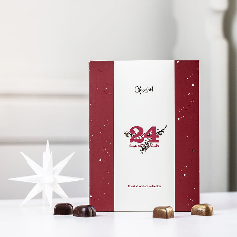 Julekalender fra Xocolatl med 24 stykker fyldt chokolade. Bestil online ved Delikatessehuset