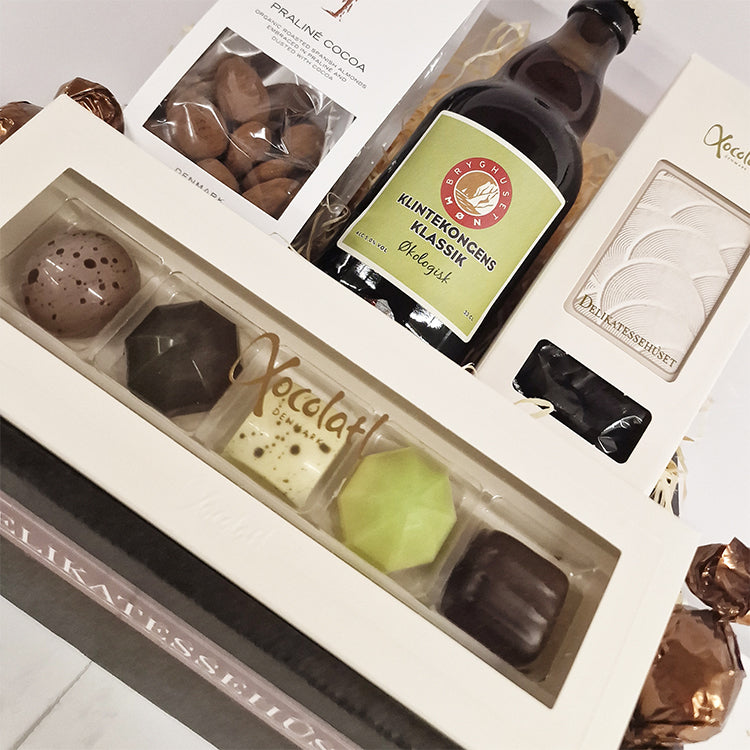 Gavekurv med specialøl, chokolade og lakrids