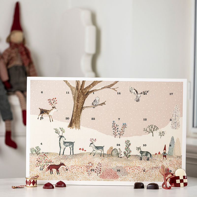 Julekalender fra Xocolatl & Maileg med chokolade og julepynt. Bestil online ved Delikatessehuset