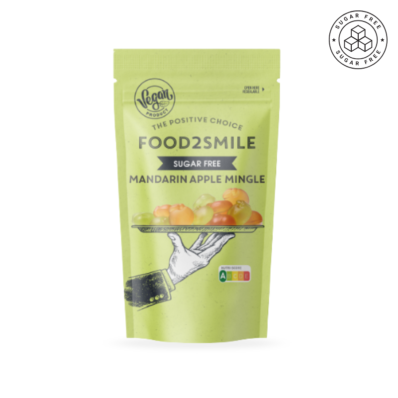 Veganske og sukkerfri vingummier med smag af mandarin og æble – bløde, frugtige snacks uden gluten, perfekte til sommerens varme dage.