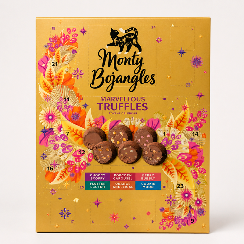 Julekalender med bløde, franske chokoladetrøfler fra Monty Bojangles. Bestil online hos Delikatessehuset.