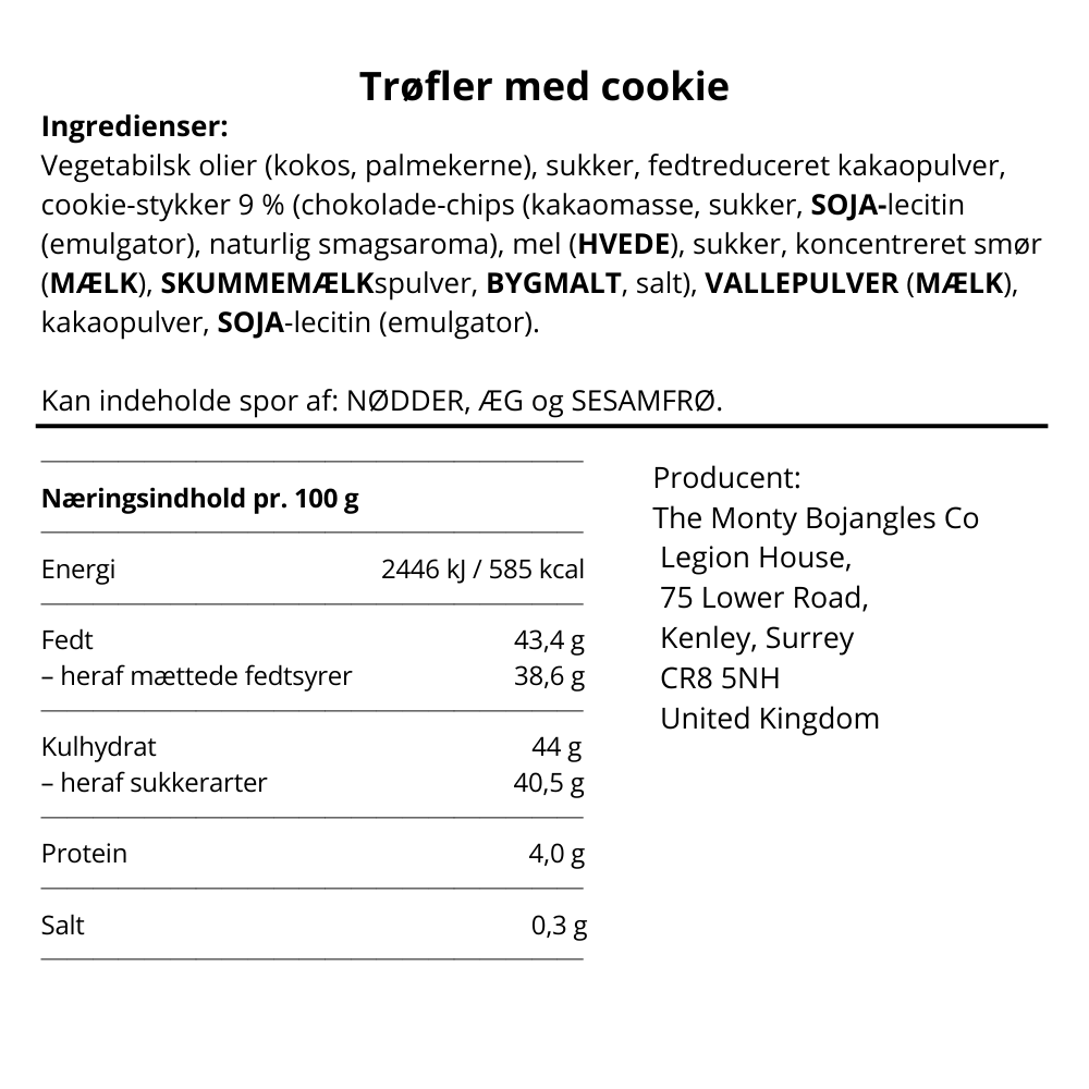 Ingrediensliste og næringsindhold for Monty Bojangles trøfler med cookie hos Delikatessehuset.