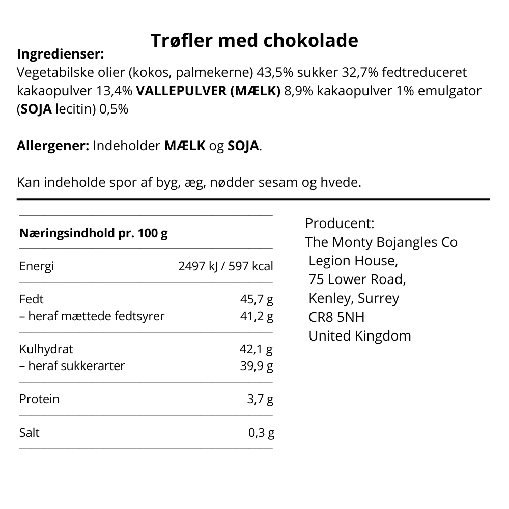 Ingrediensliste og næringsindhold for chokoladetrøfler fra Monty Bojangles på dansk.