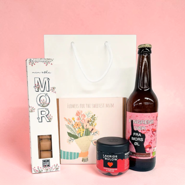 Gavepose med blomsterfrø, specialøl og lakrids til mors dag