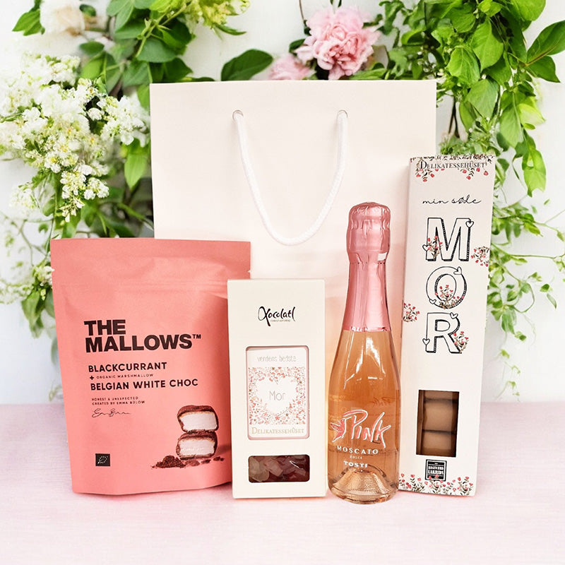 Flot gavepose med moscato, lakrids og skumfiduser til mor