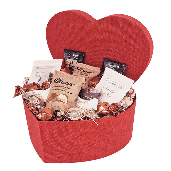 Hjertegaveæske - med eksklusive chokolader og lakrids