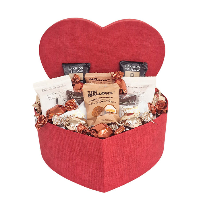 Hjertegaveæske - med eksklusive chokolader og lakrids