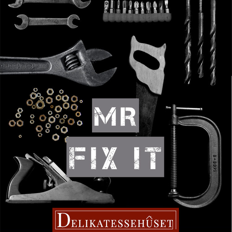 Grafik med titlen Mr Fix It omgivet af værktøj til gavekurv fra Grauballe Bryghus.