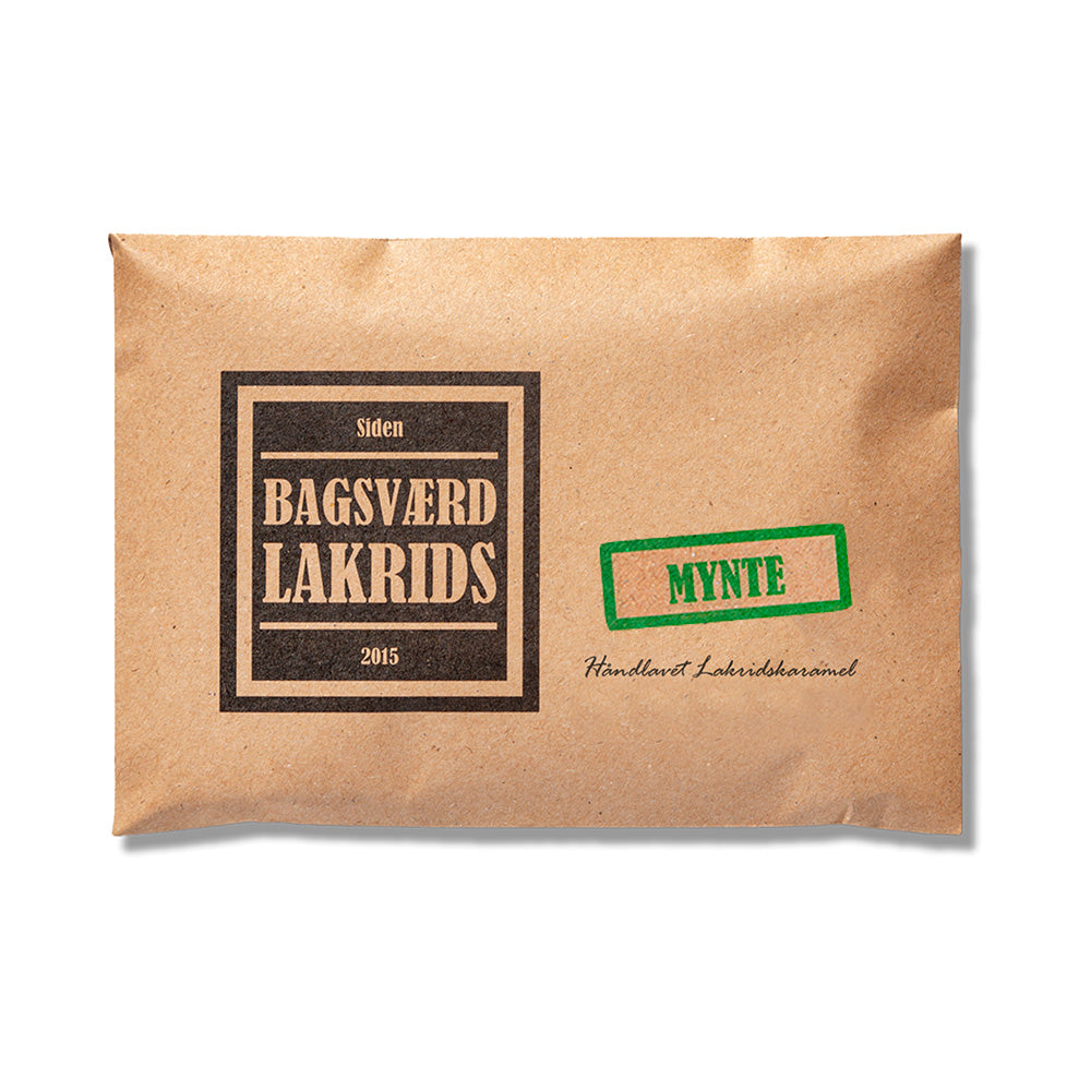 Bagsværd Lakrids med mynte, håndlavet lakridskaramel i brun papiremballage fra Delikatessehuset.