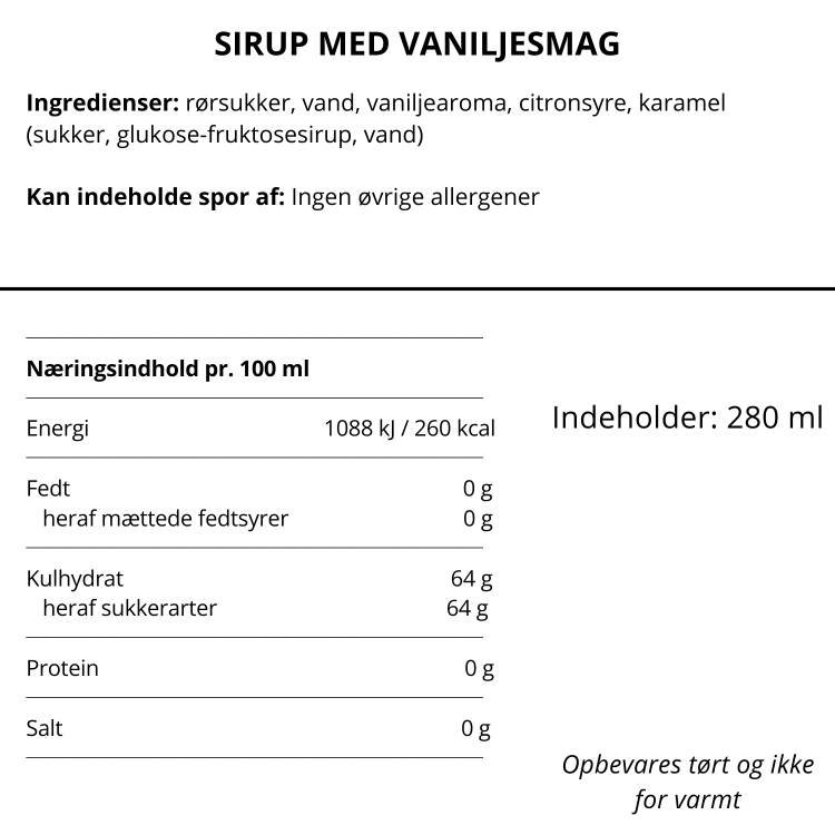 Varedeklaration og næringsindhold for Nicolas Vahe sirup med vaniljesmag på 280 ml.