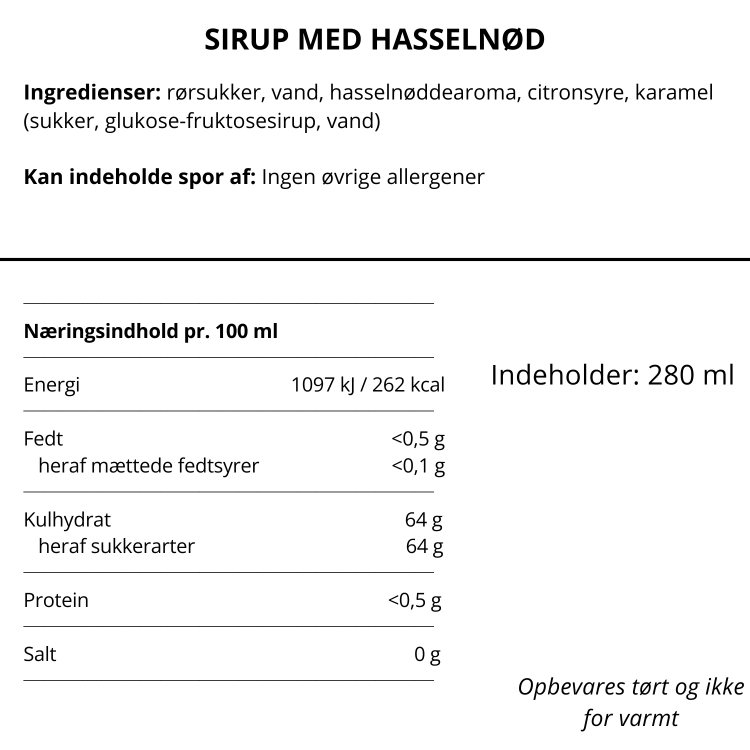 Ingredienser og næringsindhold for Nicolas Vahe sirup med hasselnød til kaffe og desserter.