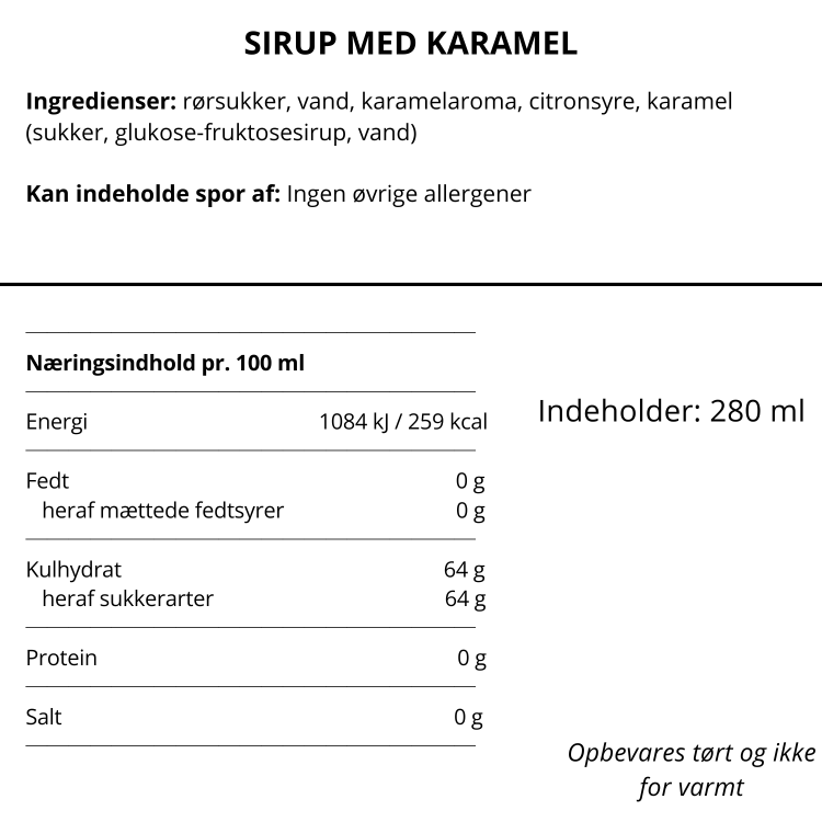 Oversigt over ingredienser og næringsindhold for Nicolas Vahé sirup med karamel.