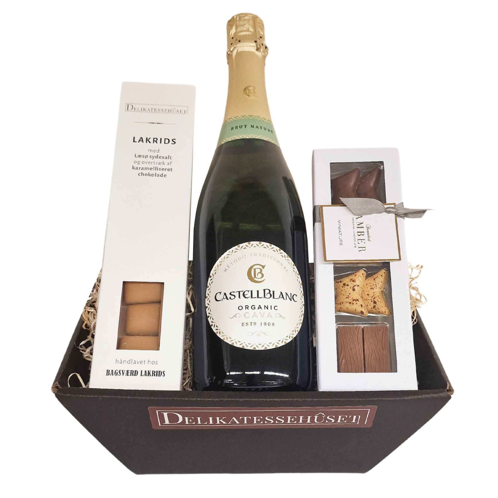 Gavekurv med økologisk cava, Summerbird chokolade og Bagsværd Lakrids