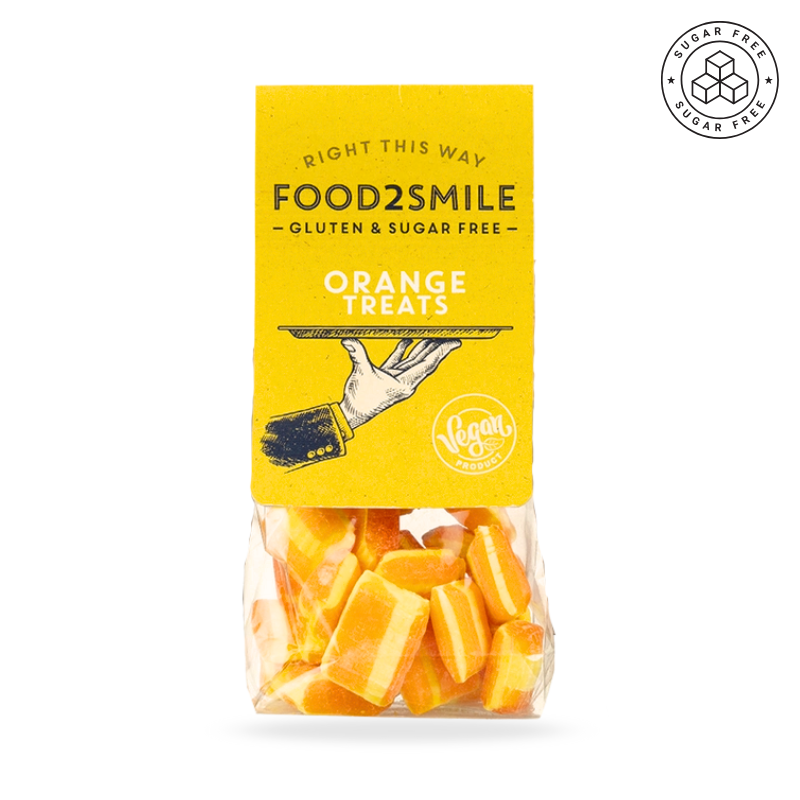 Pose med Orange Treats bolcher fra Food2Smile, sukkerfri og veganske bolcher med appelsinsmag.