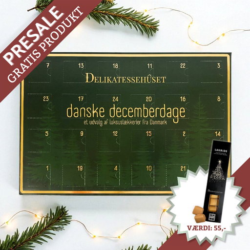 Danske Decemberdage’ julekalender med 24 låger fyldt med chokolade, lakrids, karameller, skumfiduser og vingummi – et udvalg af det bedste fra danske leverandører.	
