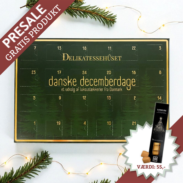 Danske Decemberdage’ julekalender med 24 låger fyldt med chokolade, lakrids, karameller, skumfiduser og vingummi – et udvalg af det bedste fra danske leverandører.	