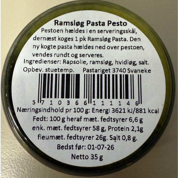 Næringsindhold og ingrediensliste på Ramsløg Pasta Pesto fra Pastariget på Bornholm.