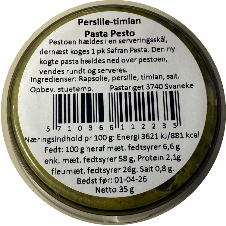 Persille-timian pasta pesto fra Pastariget på Bornholm med ingrediensliste og næringsindhold.
