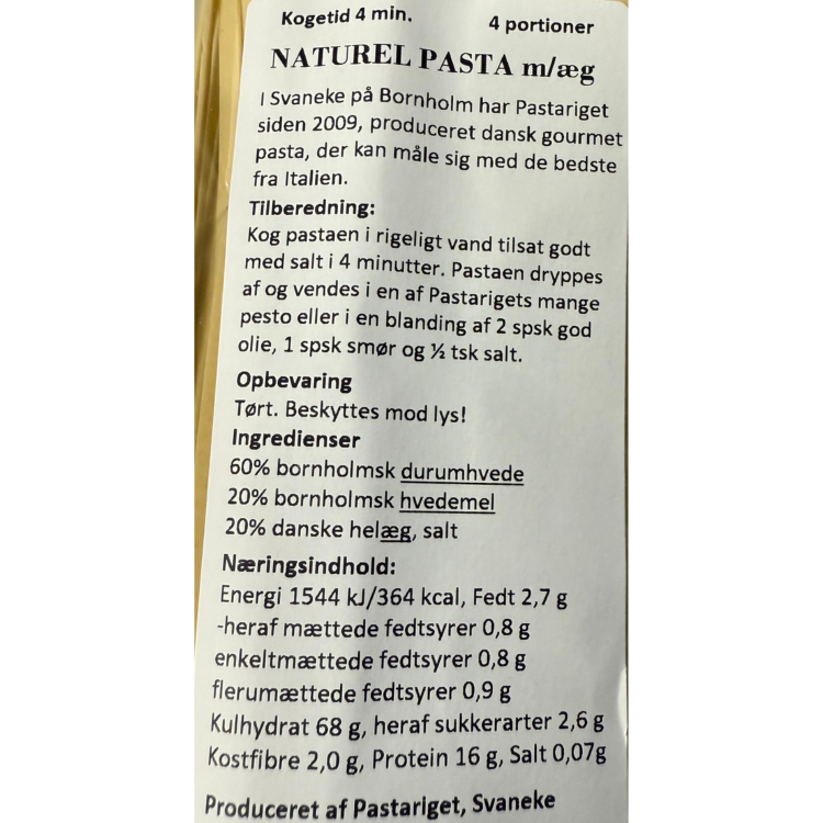 Næringsindhold og ingredienser på pakken med naturel pasta m/æg fra Pastariget på Bornholm.