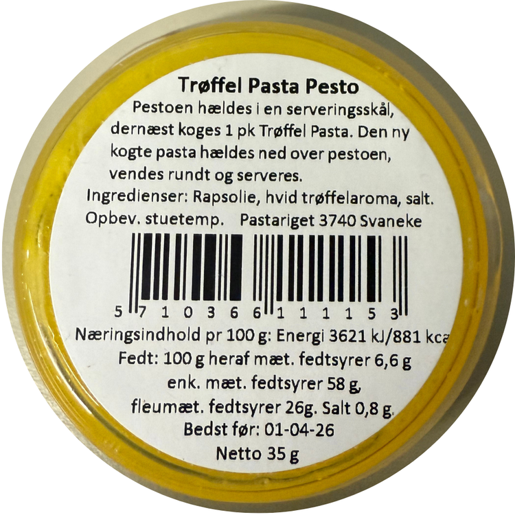 Etiket fra Pastariget Trøffel Pasta Pesto med ingredienser, næringsindhold og serveringsforslag set oppefra.