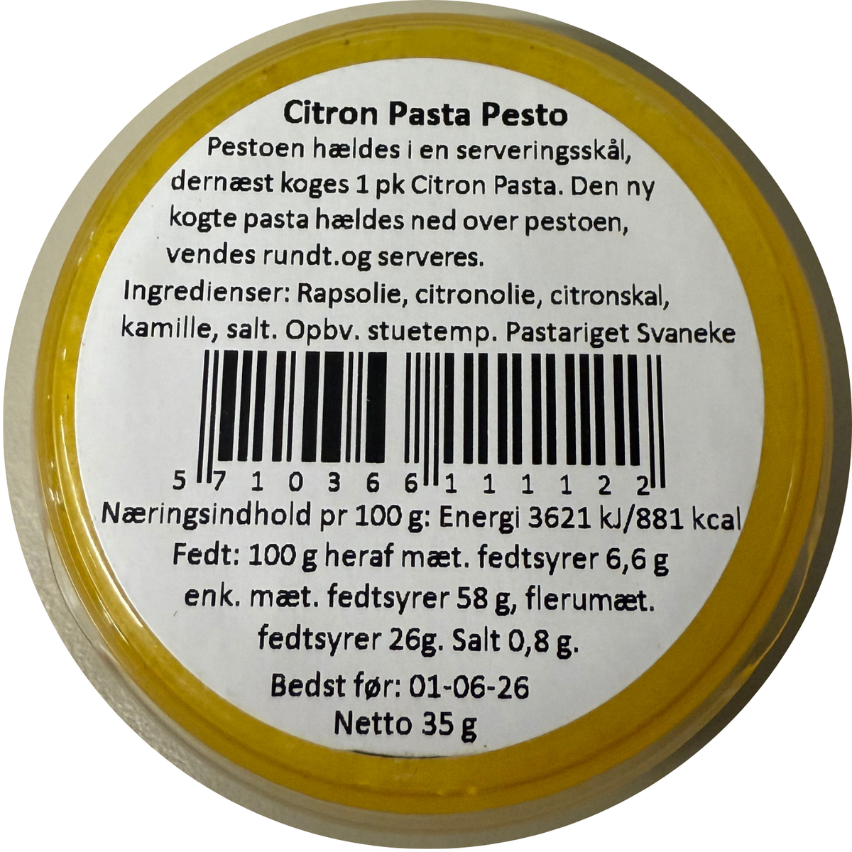 Bagside af bøtte med Citron Pasta Pesto fra Pastariget med ingredienser og næringsindhold.