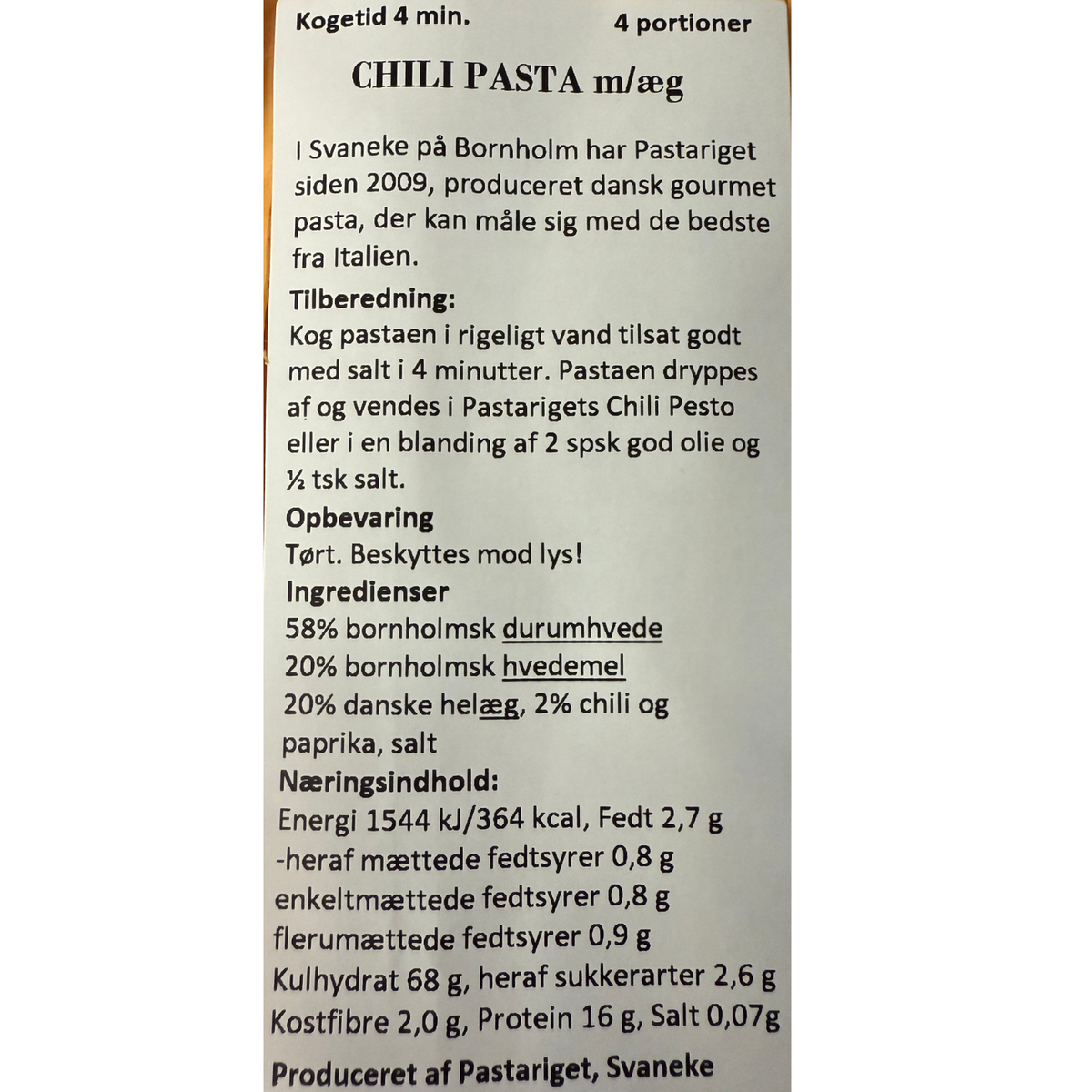 Bagside af Chili Pasta fra Pastariget med ingredienser, næringsindhold og tilberedning.