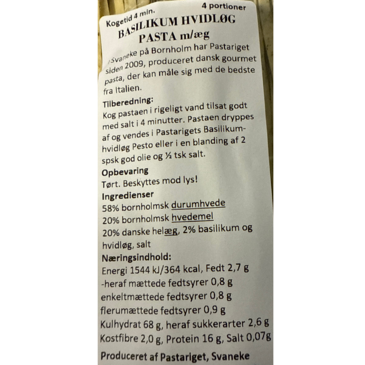 Næringsdeklaration og ingrediensliste for Pastariget basilikum og hvidløg pasta med bornholmsk durumhvede.