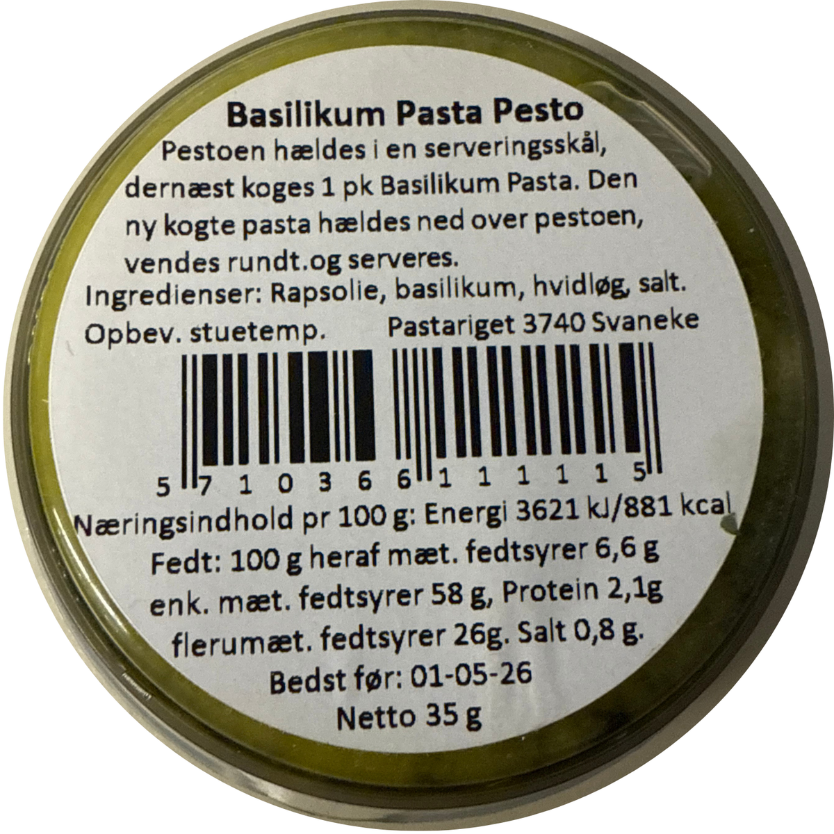 Produktetiket for Basilikum Pasta Pesto fra Pastariget på Bornholm med ingredienser og næringsindhold.