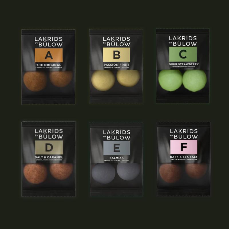 Oversigt over Lakrids by Bülow flowpacks med varianterne A, B, C, D, E og F.