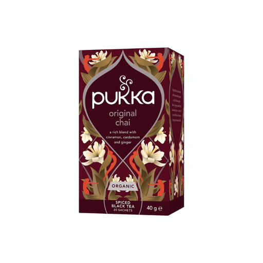 Pukka Original Chai økologisk te med sort te, kanel, ingefær, kardemomme og lakridsrod.