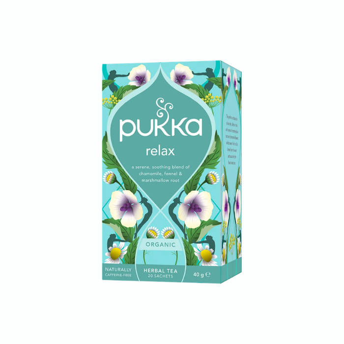 Pukka Relax økologisk urtete med kamille, fennikel, lakridsrod, havreblomst og kardemomme.