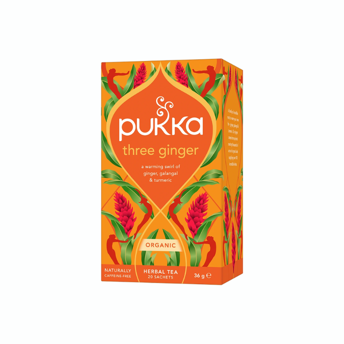 Pukka Three Ginger økologisk urtete med ingefær, galanga, lakridsrod og gurkemeje.