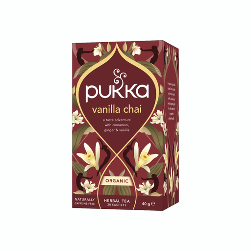 Pukka Vanilla Chai økologisk urtete med kanel, ingefær, kardemomme, fennikel og vanilje.