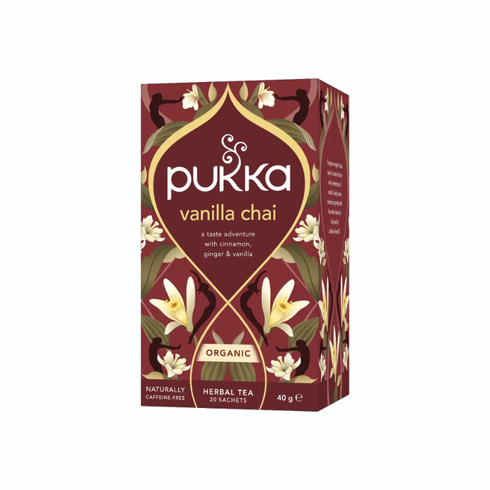 Pukka Vanilla Chai økologisk urtete med kanel, ingefær, kardemomme, fennikel og vanilje.