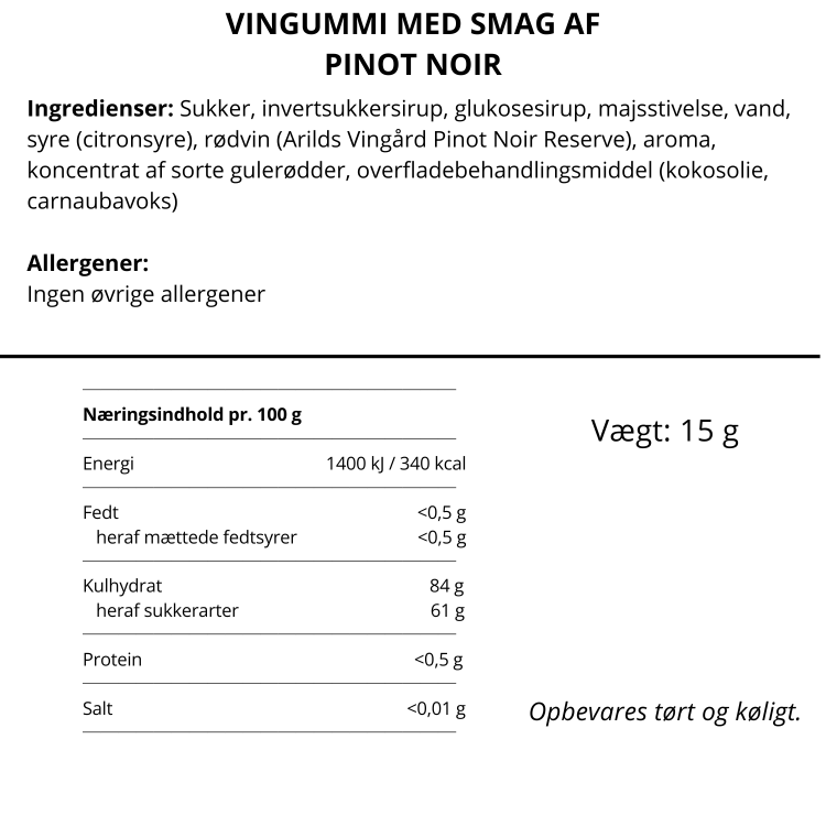 Ingrediensliste og næringsindhold for Sweeds vingummi med smag af Pinot Noir rødvin.