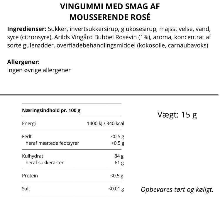 Ingredienser og næringsindhold for Sweeds vingummi med smag af mousserende rosé.