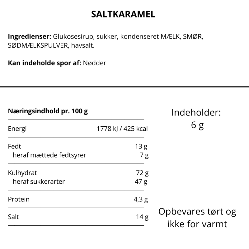 Varedeklaration og næringsindhold for saltkaramel til gaveæsker og delikatesser.