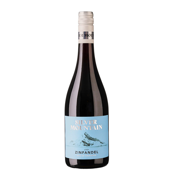 Flaske med Silver Mountain Zinfandel rødvin fra Californien med blå etiket og bjergmotiv.