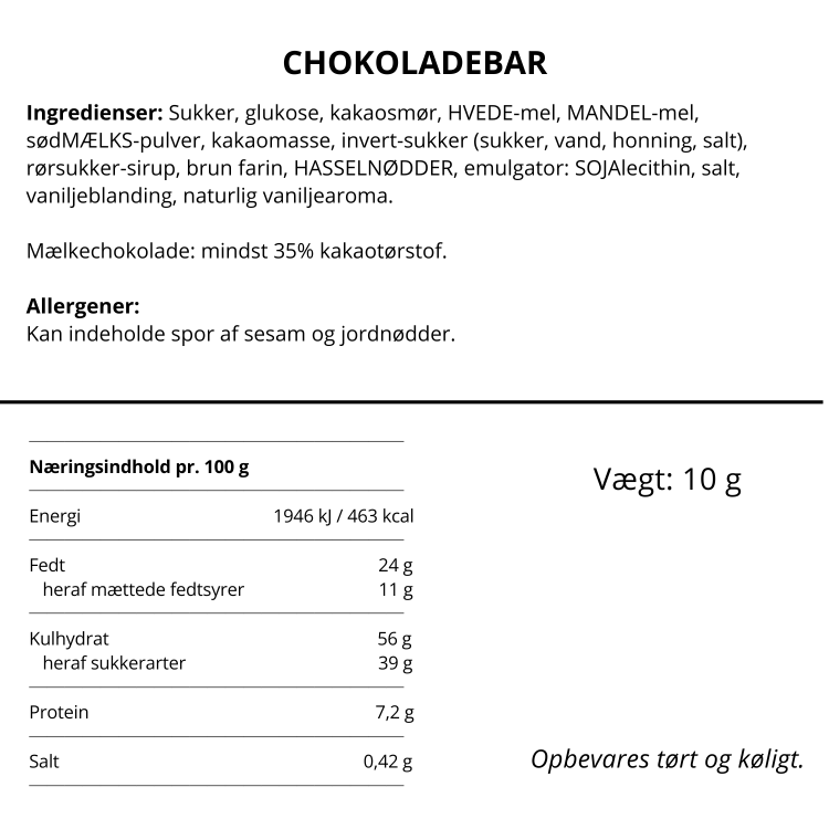 Oversigt over ingredienser, næringsindhold og allergener for en Simply Chocolate chokoladebar på 10 gram.