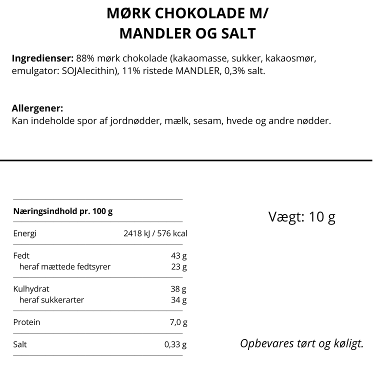 Ingredienser og næringsindhold for Simply Chocolate mørk chokolade med mandler og salt.