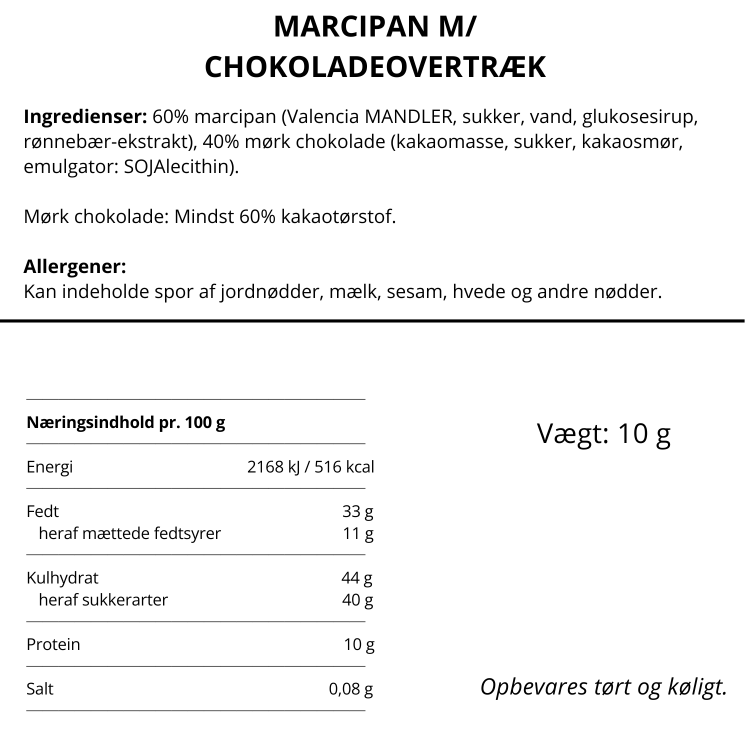 Ingredienser og næringsindhold for Simply Chocolate marcipan med mørk chokoladeovertræk.