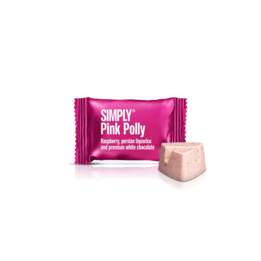 Flowpack pink polly fra simply chocolate med smag af hindbær og lakrids