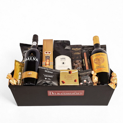 Flot overdådig julekurv med rødvin, portvin, kaffe og chokolade