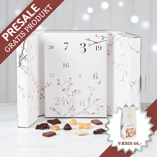 Luksus julekalender med dansk, økologisk premium chokolade – perfekt til at dele eller give som gave.	