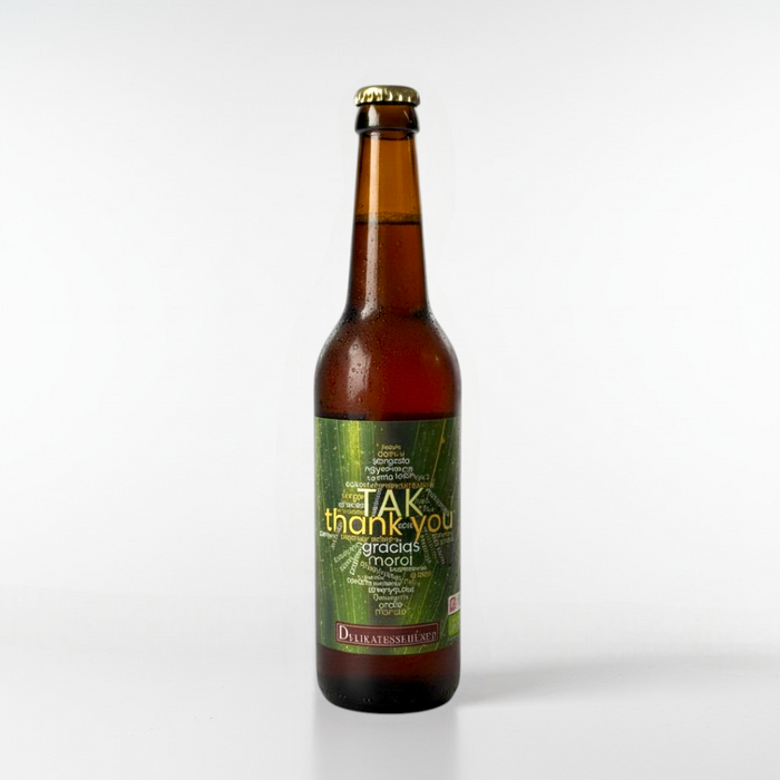 Specialøl med motiv 'Tak'