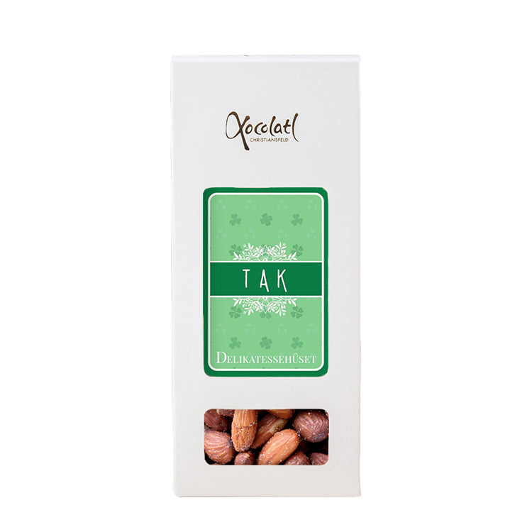 Gaveæske med saltede mandler og teksten TAK fra Delikatessehuset og Xocolatl.