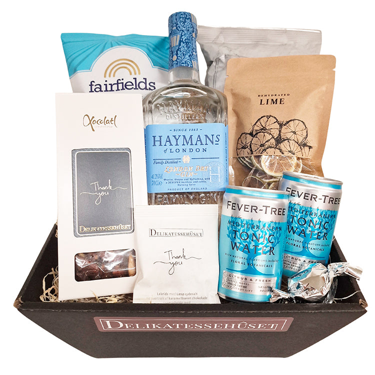 Gavekurv med Thank You tema indeholdende Hayman's Gin, tonic og snacks fra Delikatessehuset.