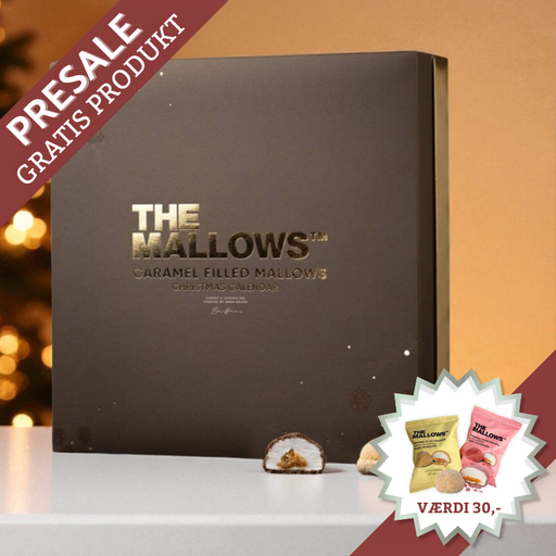 Deluxe julekalender fra The Mallows med 24 låger fyldt med store skumfiduser med flydende karamelfyld og chokoladeovertræk i 12 forskellige varianter.