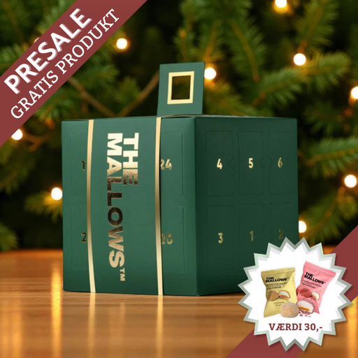 Julekalender fra The Mallows fyldt med chokoladeovertrukne skumfiduser i 8 forskellige smagsvarianter – 25 låger med 2 stykker bag hver.